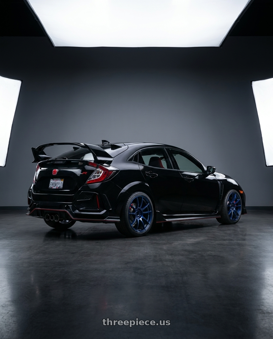 2021 Honda Civic Type R with Gram Lights 57XR 5x120 18x9.5 +38 ETERNAL BLUE PEARL wheels rear three quarter view square tires
