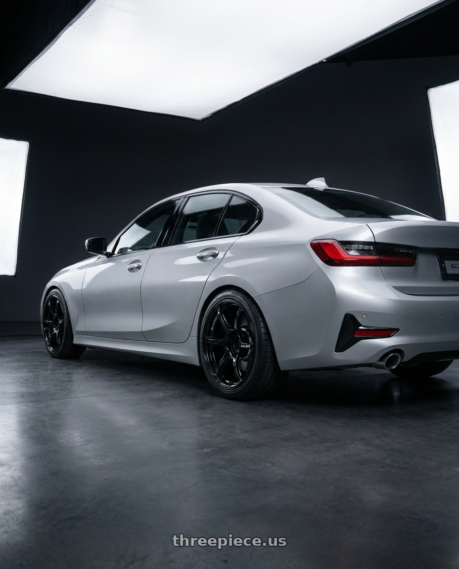 2023 BMW 3 Series G20 with Advan RGIII 5x112 19x8.5+45 Gloss Black wheels rear three quarter view square tires