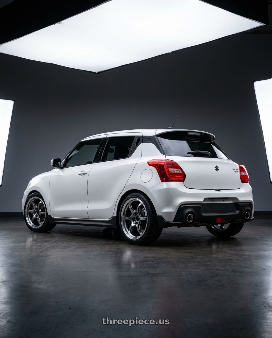 2019 Suzuki Swift sport 白色 with Advan Racing RG-D2 4x100 15x5.0 +45 MACHINING & RACING HYPER BLACK wheels rear three quarter view square tires