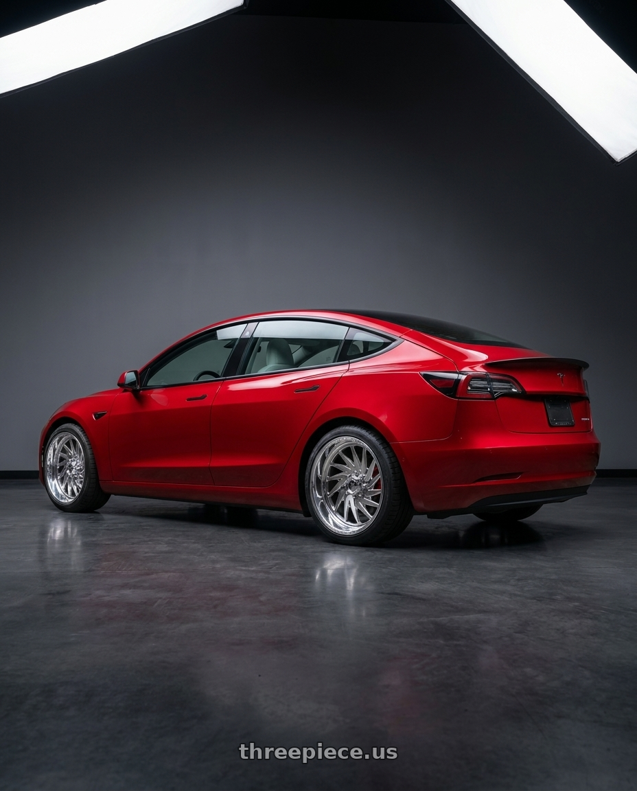 2022 Tesla model 3 performance with Fuel Forged FF110 6x139.7 20x9 +0 POLISHED wheels rear three quarter view square tires