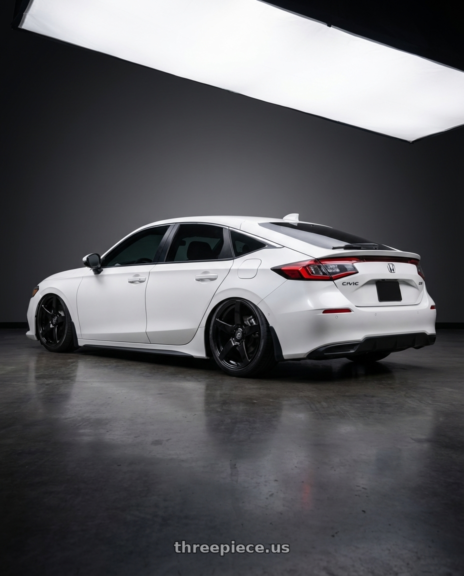 2024 Honda Civic with Forgestar CF5 5x114.3 19x10 +42 Gloss Black wheels rear three quarter view slight stretch tires