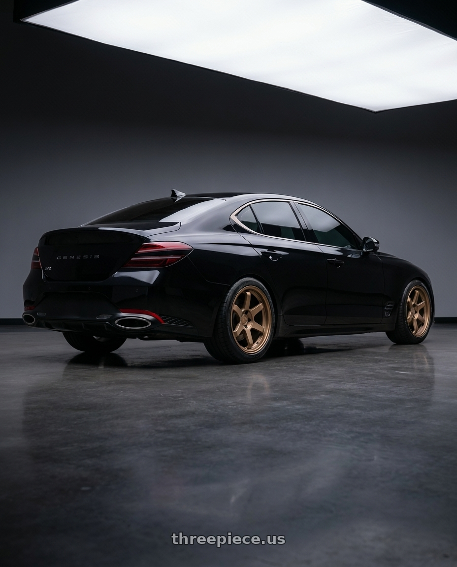2023 Genesis G70 Sport Prestige, Victoria Black with 9six9 SIX-1 5x114.3 19X8.5 +35 Matte Bronze wheels rear three quarter view meaty tires
