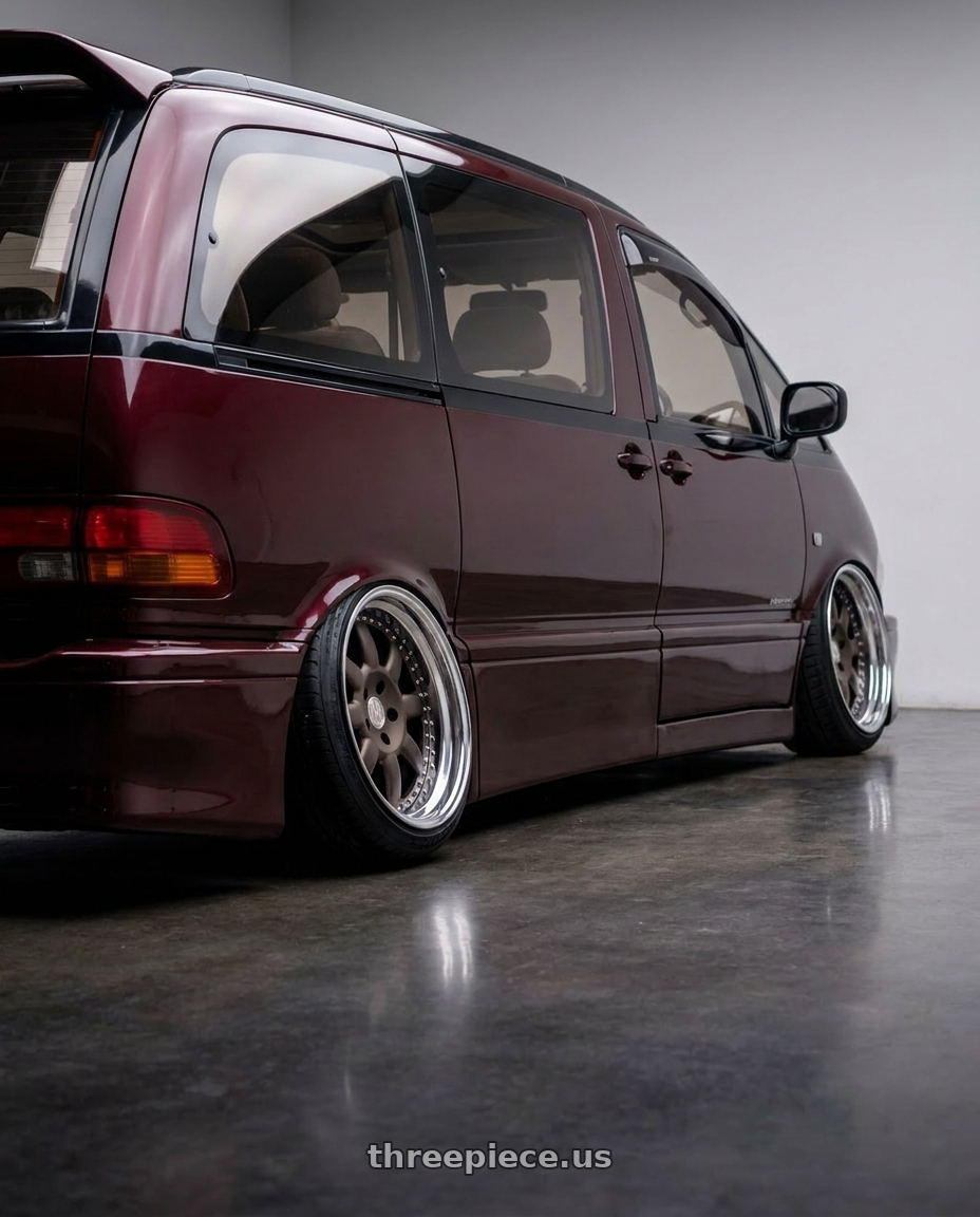 1994 Toyota Previa with Heritage Wheel TOKACHI wheels rear three quarter view extreme stretch tires