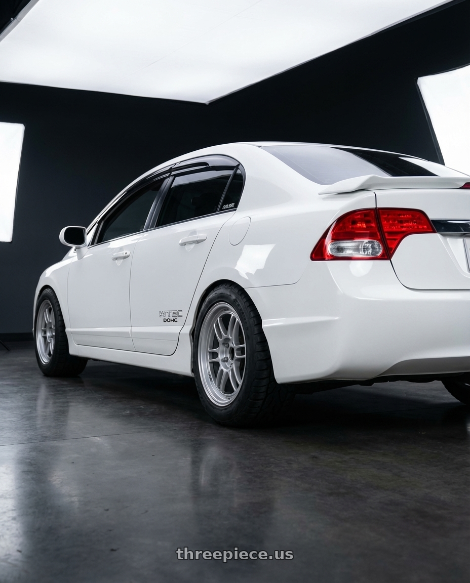 2008 Honda Civic SI with Enkei RPF1 5x100 17x8+35 Silver wheels rear three quarter view meaty tires