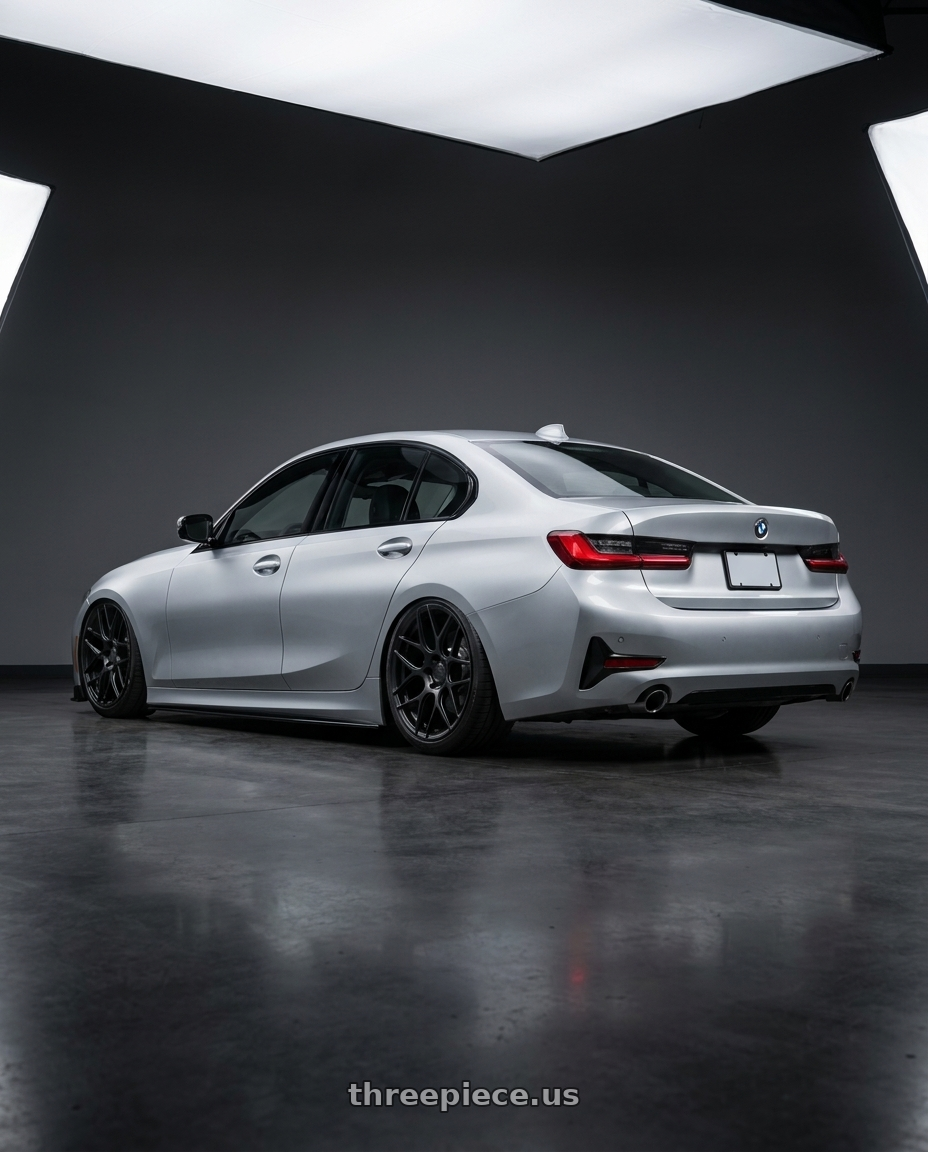 2023 BMW 3 Series G20 with Aodhan AFF2 5x112 19x8.5+35 Matte Black wheels rear three quarter view slight stretch tires