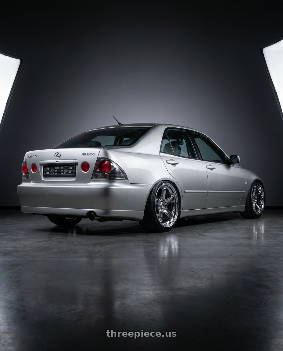 2002 lexus is200 with KATANA RACING HR05 5x114.3 18x9.5 +38 Chrome wheels rear three quarter view slight stretch tires