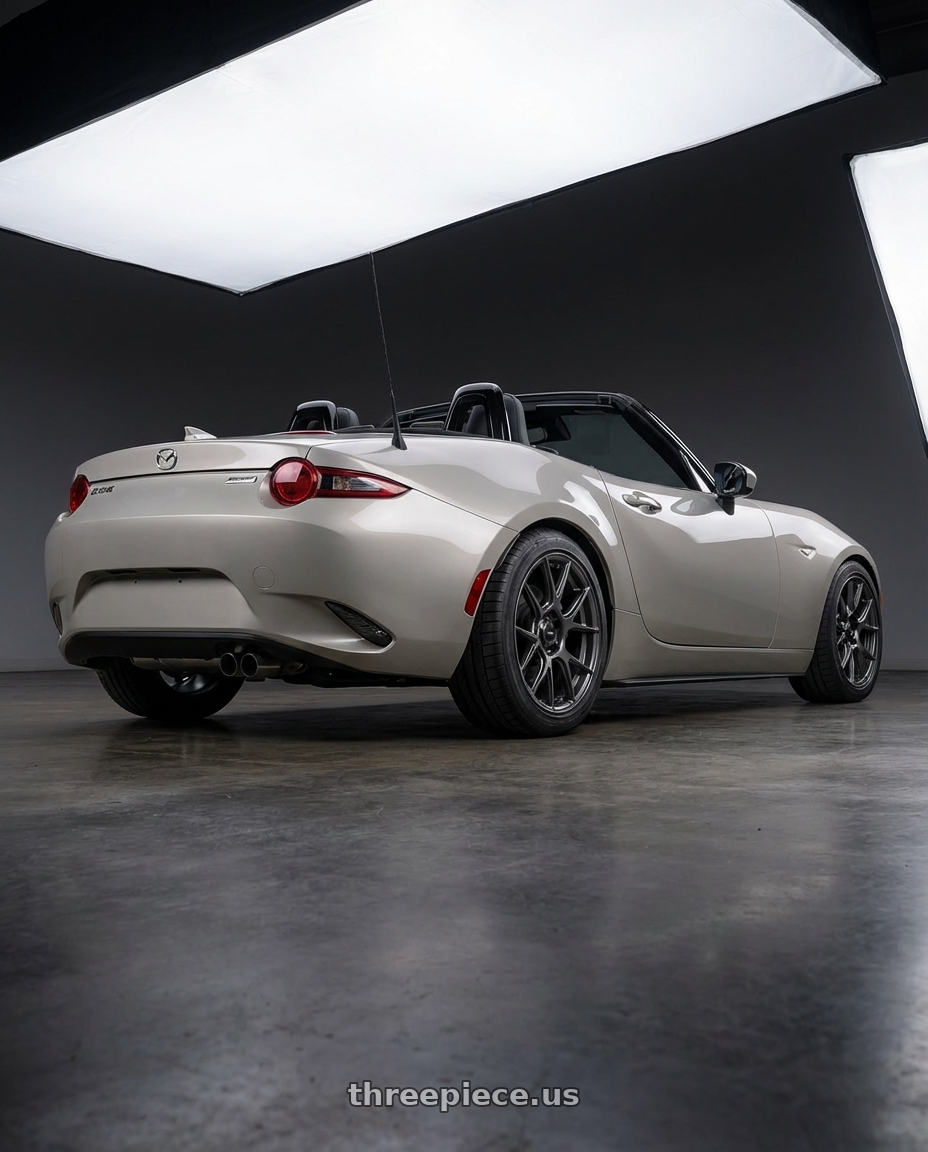 2021 Mazda MX-5 Miata ND with Konig Ampliform 5x114.3 17x9+40 Dark Metallic Graphite wheels rear three quarter view square tires