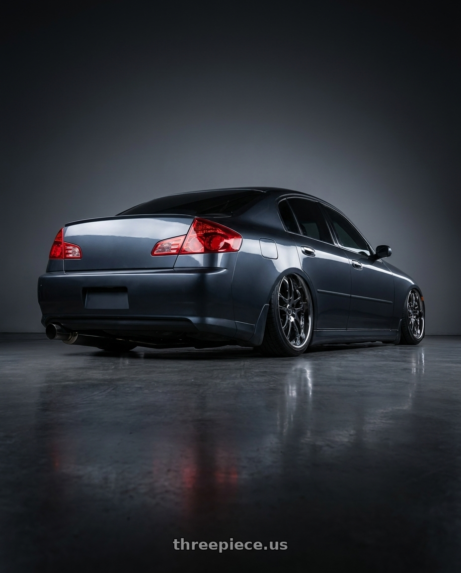 2006 Infiniti  g35 with Ssr Agle Minerva 5x114.3 19x9+49 Normal Disk Super Black Coat wheels rear three quarter view slight stretch tires