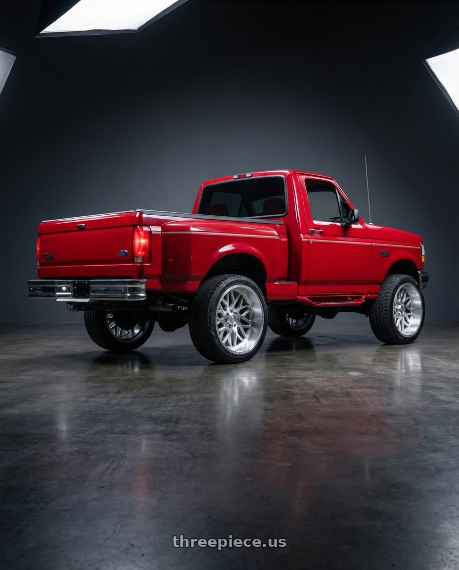 1994 ford f150 Flareside xlt with Axe AX5.1 6x135/6x139.7 24X12 -44 SILVER wheels rear three quarter view slight stretch tires