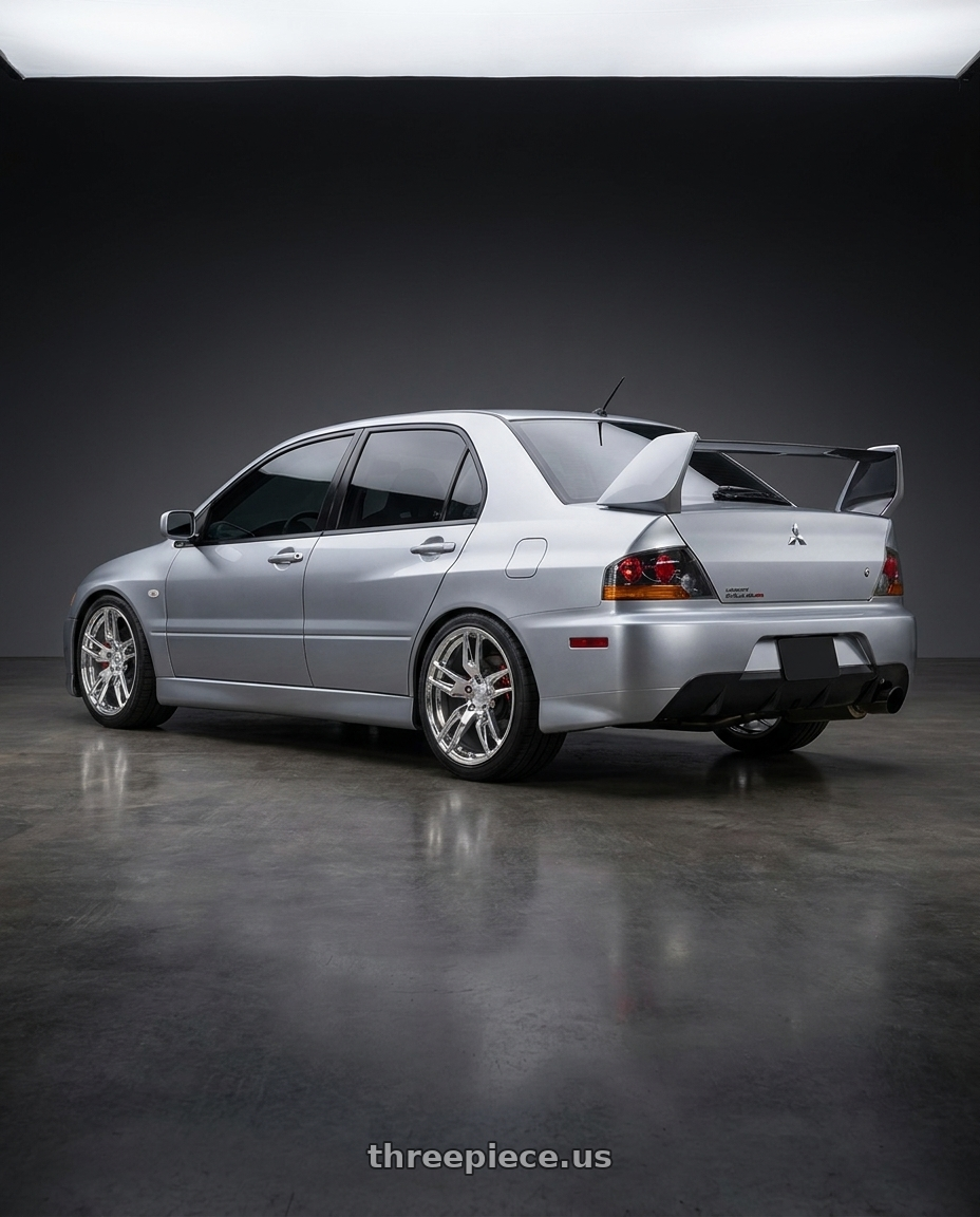 2006 Mitsubishi Lancer Evolution with American Racing Forged 100 5x120 19x8.5 +46 POLISHED wheels rear three quarter view square tires