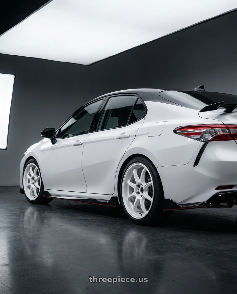 2021 Toyota Camry TRD with Work Emotion D9r 5x114.3 19x8.5 +38 White wheels rear three quarter view square tires
