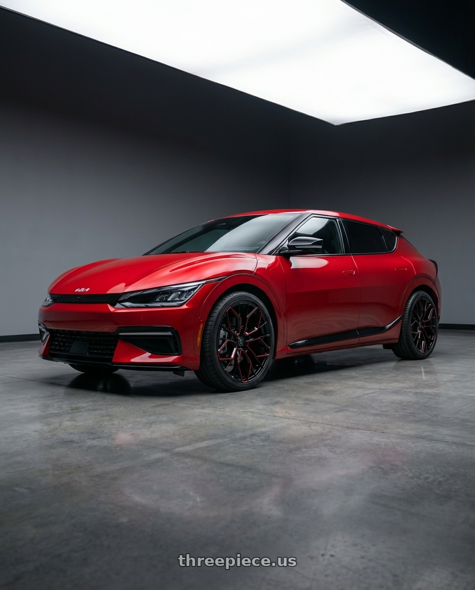 2024 kia ev6 with MARQUEE WHEELS M1004 5x114.3 20x10.5+40 GLOSS BLACK / RED MILLED wheels front three quarter view stock stance