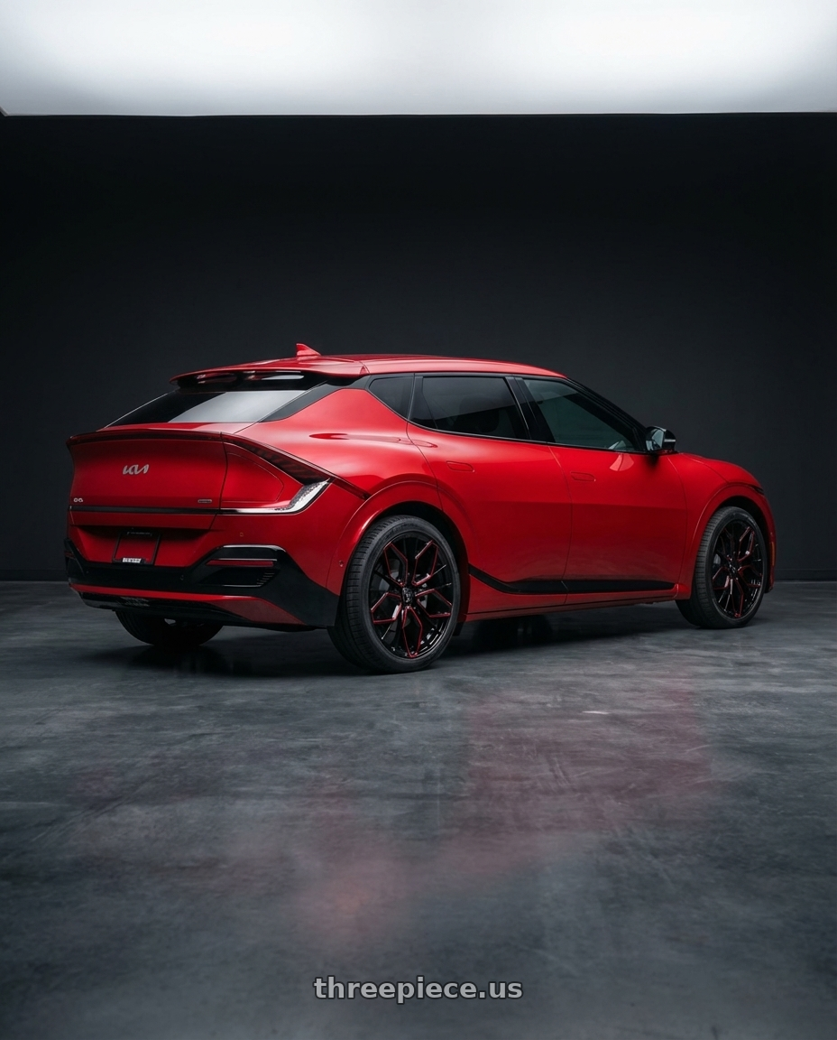 2024 kia ev6 with MARQUEE WHEELS M1004 5x114.3 20x10.5+40 GLOSS BLACK / RED MILLED wheels rear three quarter view square tires