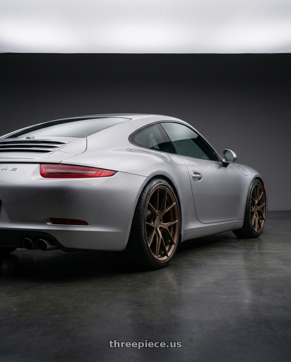 2015 Porsche 911 with MRR FS6 5x130 19x8.5  +45 Matte Bronze wheels rear three quarter view square tires