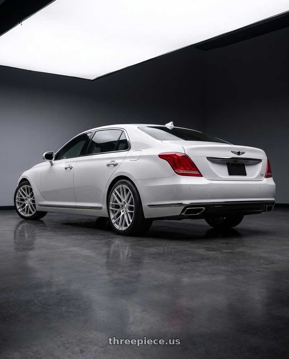 2018 genesis g90 ultimate with MRR GF7 5x114.3 20x10.5  +40 Silver Machine Face wheels rear three quarter view square tires