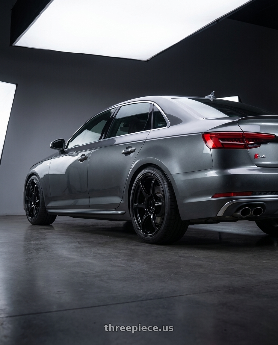 2023 Audi S4 B9 with Advan RGIII 5x112 19x8.5+45 Gloss Black wheels rear three quarter view square tires
