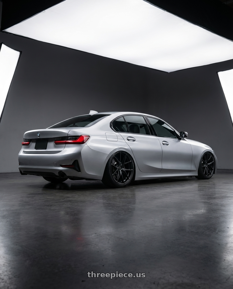 2023 BMW 3 Series G20 with Niche 1PC M117 MISANO 5X112 19X8.5 +34 MATTE BLACK wheels rear three quarter view slight stretch tires