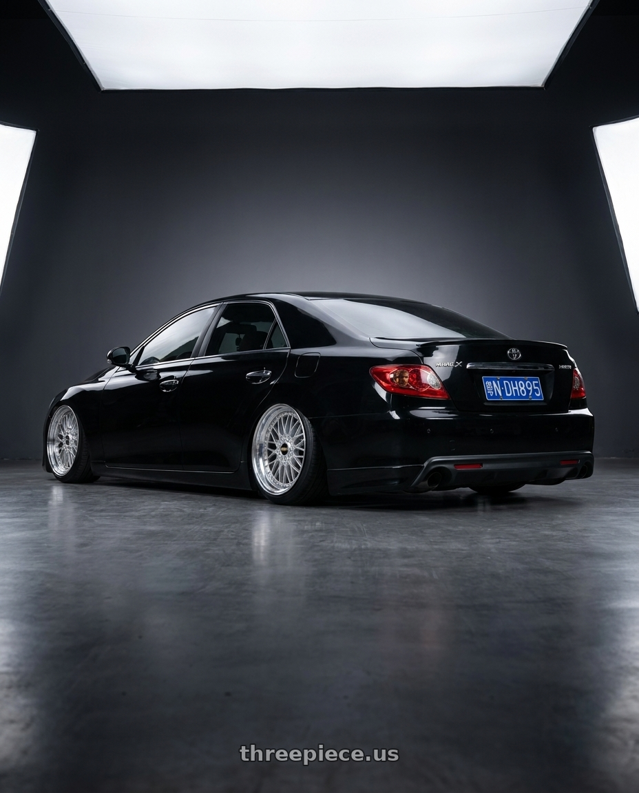 2007 toyota mark x with BBS Super 5x112 19x8.5 +43 Diamond Silver wheels rear three quarter view extreme stretch tires