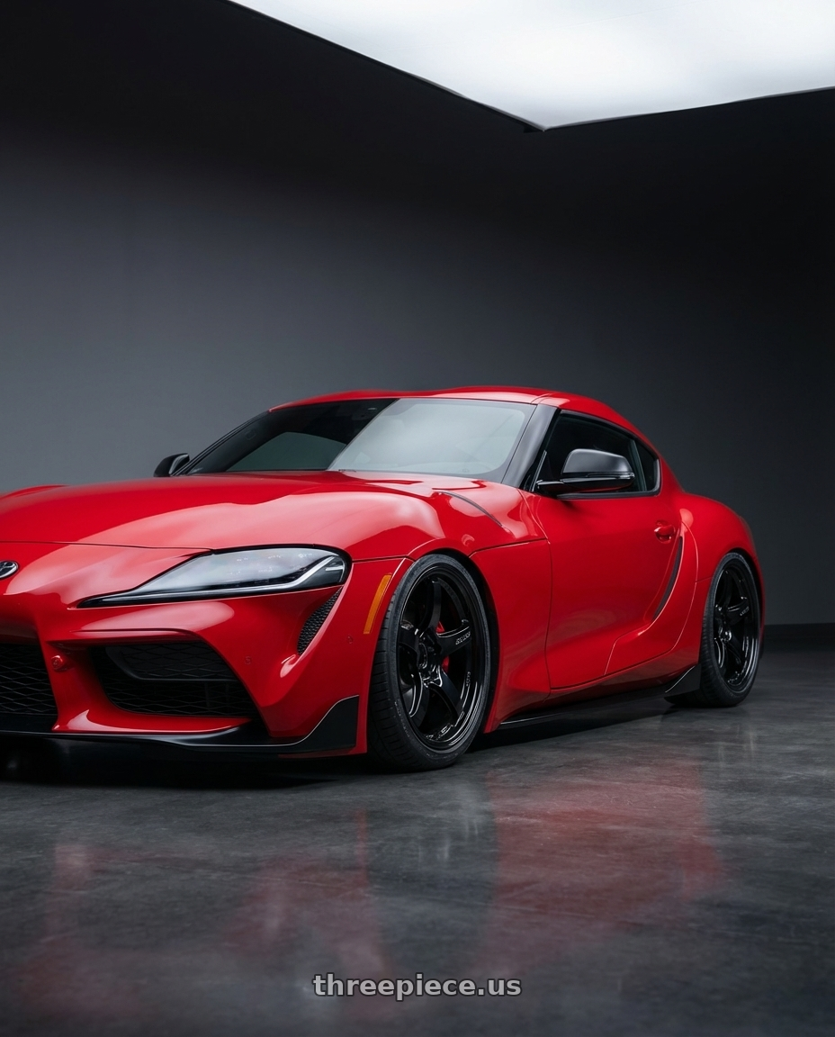 2023 Toyota GR Supra with Gram Lights 57CR 5x112 19x10.5+22 Glossy Black wheels front three quarter view stanced stance