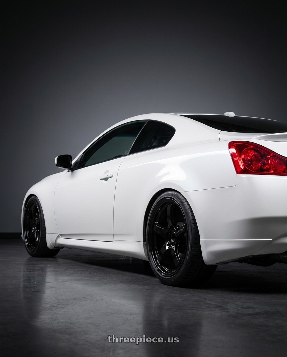 2014 Infiniti G37 Coupe with Gram Lights 57CR 5x114.3 19x9.5+25 Glossy Black wheels rear three quarter view square tires