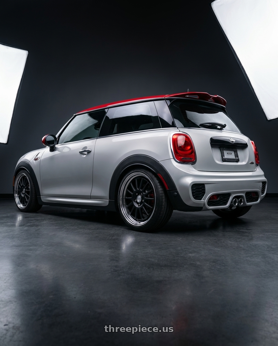 2016 mini cooper jcw with Work Seeker Fx 5x112 17x7+45 O Disk Matte Black wheels rear three quarter view square tires