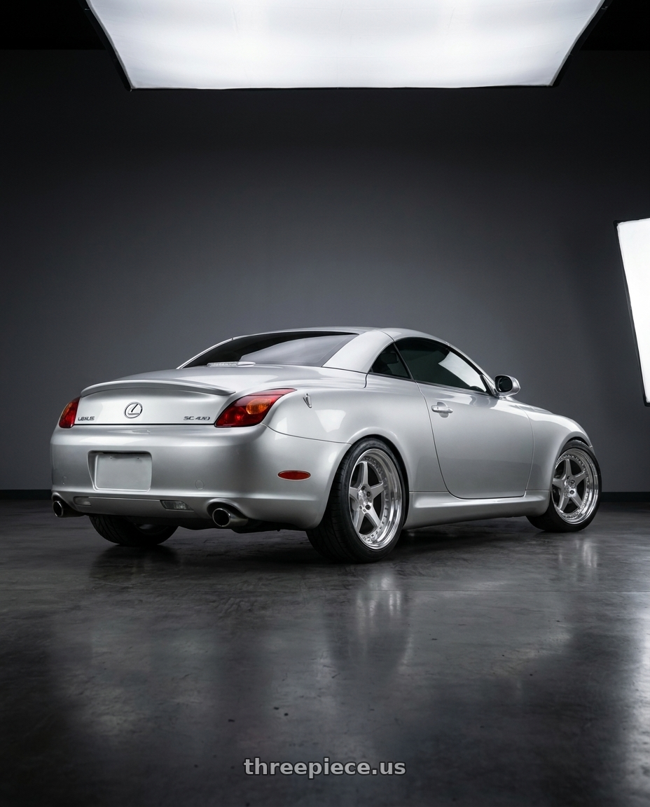 2003 Lexus SC 430 with Aodhan DS09 5x114.3 19x8.5+35 Silver w/Machined Face wheels rear three quarter view meaty tires