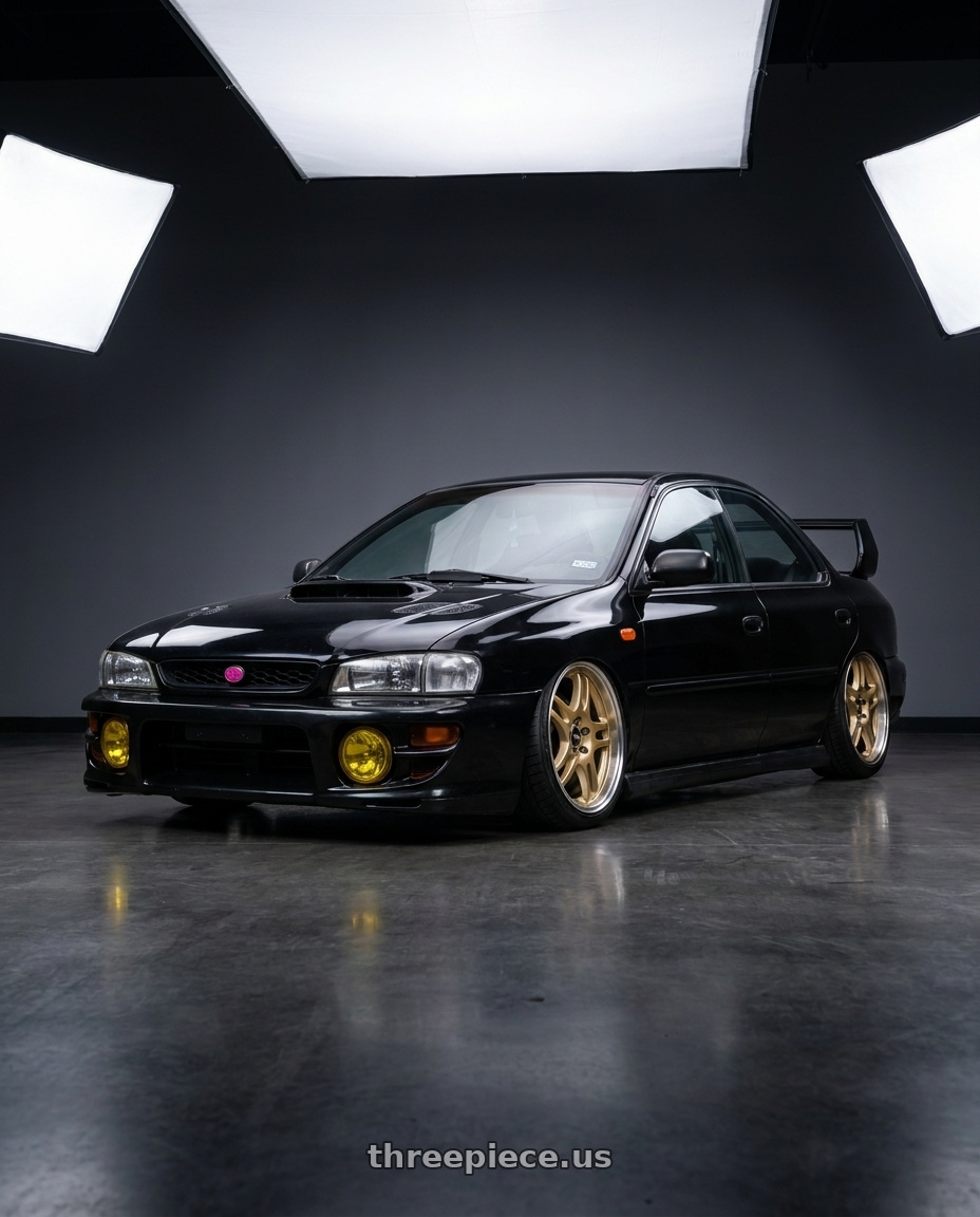 1998 Subaru Impreza GC8 with Motegi MR158 TSUBAKI 5X100 18x8.5 +30 MOTORSPORT GOLD W/ MACHINED LIP wheels
