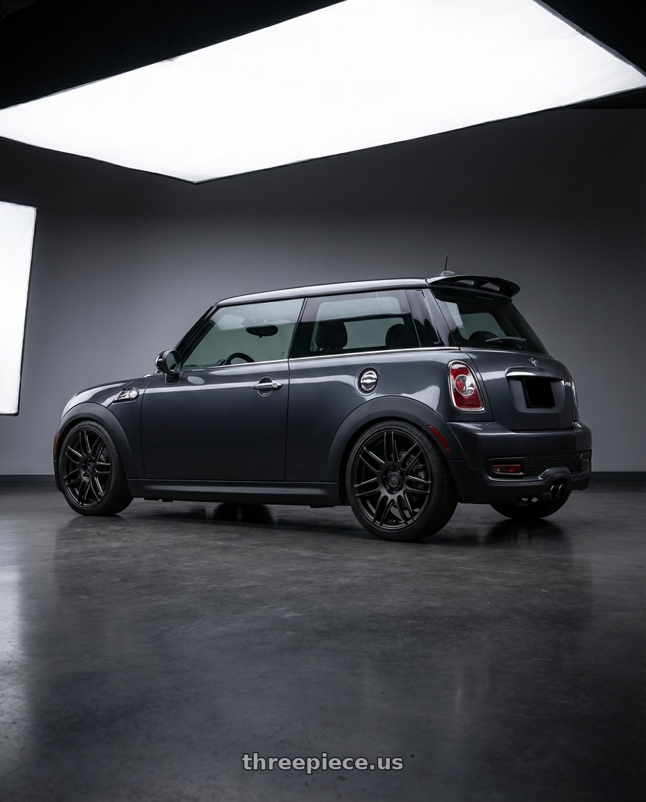 2010 Mini Cooper S R56 with Niche 1PC M106 NR6 4X100/4X108 17X7.5 +45 MATTE BLACK MILLED wheels rear three quarter view square tires