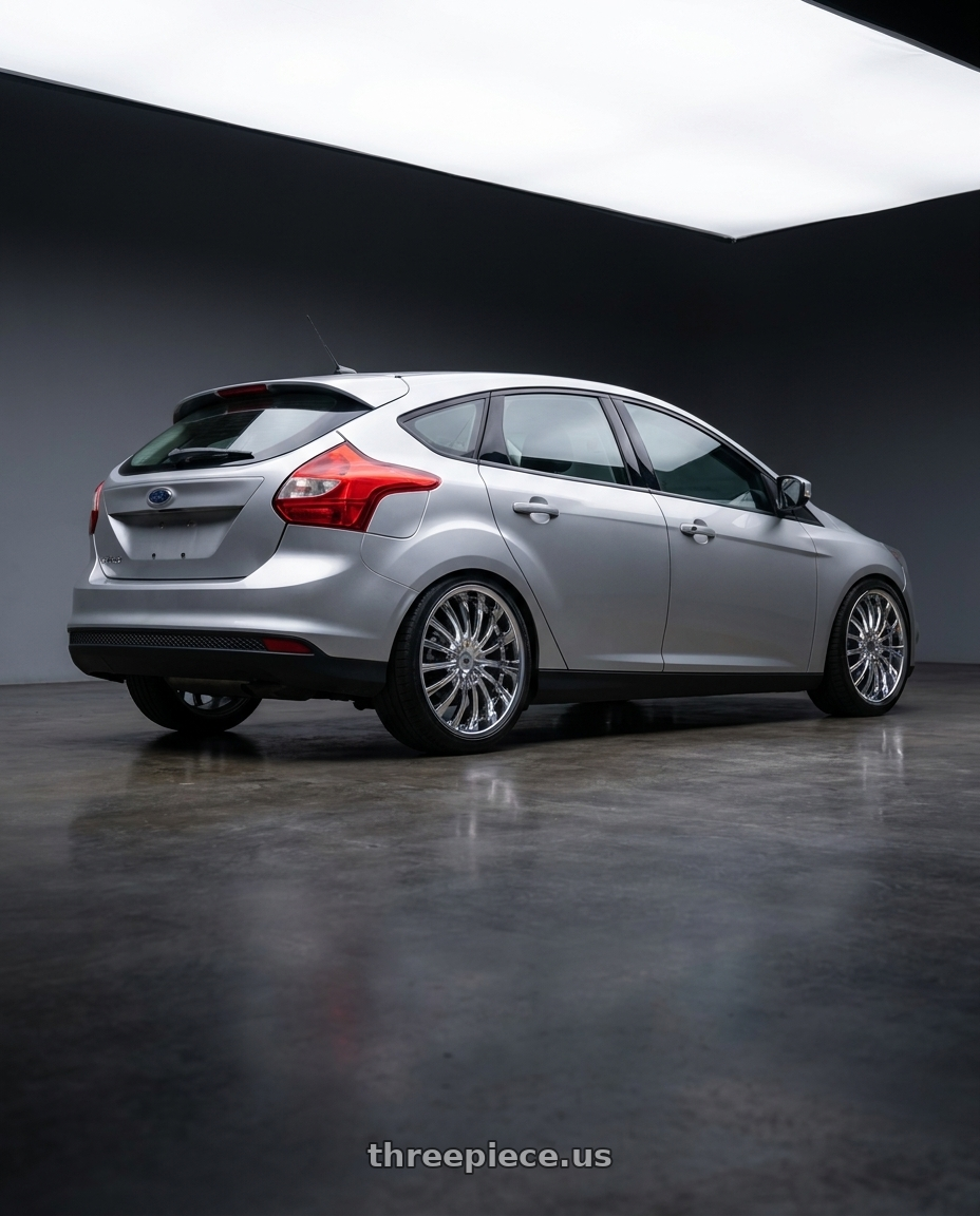2014 ford focus mk3 1.6 silver with Mazzi Hype 351 5x108/5x114.3 20x8.5+40 Chrome wheels rear three quarter view slight stretch tires