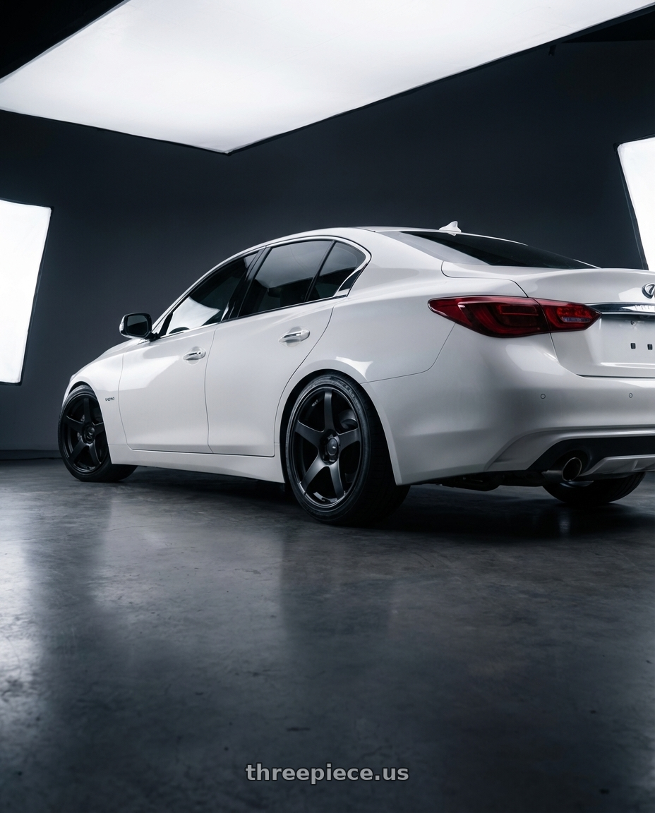 2020 Infiniti Q50 with Ssr Gtv01 5x114.3 19x8.5+38  FLAT BLACK wheels rear three quarter view square tires