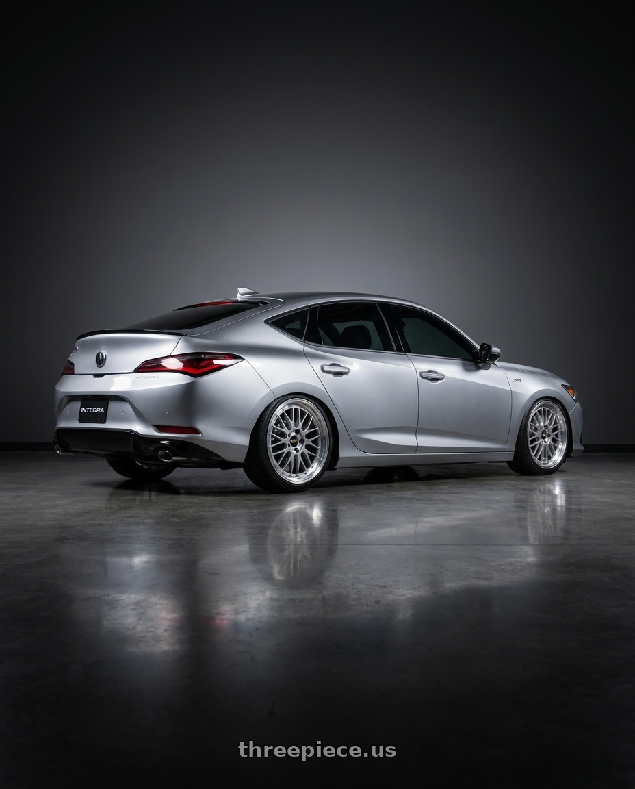 2026 Acura intergra with BBS LM 5x112 20x9.5 +38  Diamond Silver Center Diamond-Cut Rim wheels rear three quarter view slight stretch tires