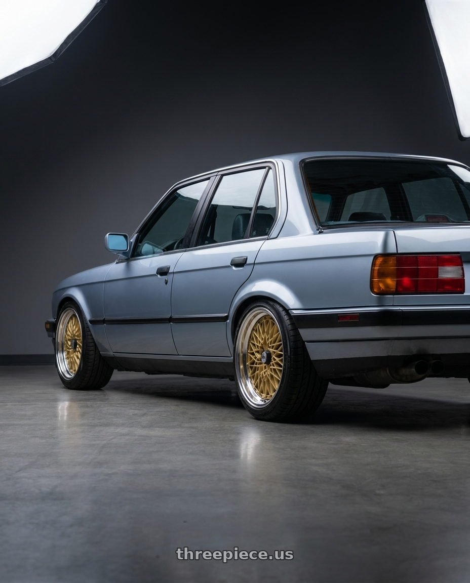 1991 bmw 325i with SSR Formula MESH 4X100 16X7+26 NR Disk Fm Gold wheels rear three quarter view square tires