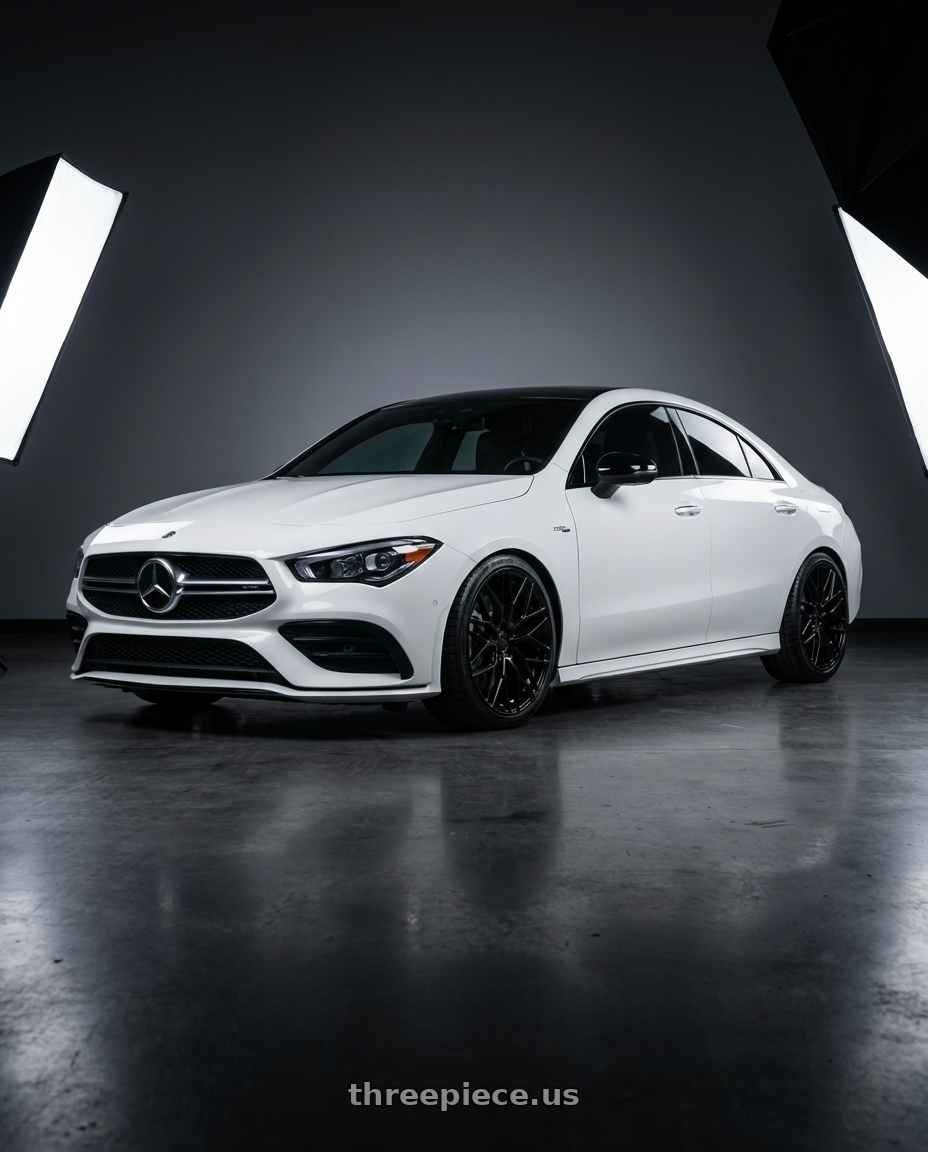 2023 Mercedes-Benz CLA C118 with Avant Garde Wheels M520R 5X112 19x8.5 +35 Gloss Black wheels front three quarter view lowered stance