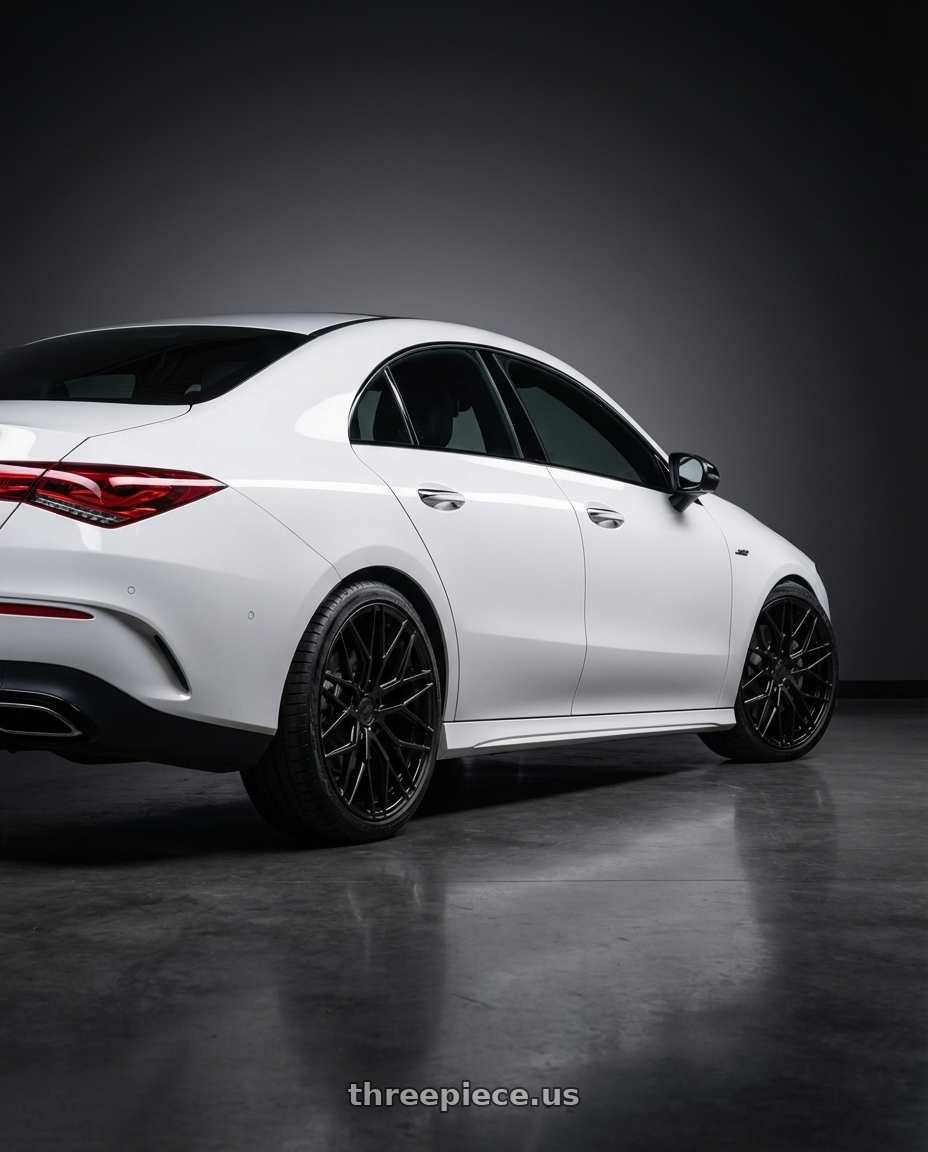 2023 Mercedes-Benz CLA C118 with Avant Garde Wheels M520R 5X112 19x8.5 +35 Gloss Black wheels rear three quarter view square tires