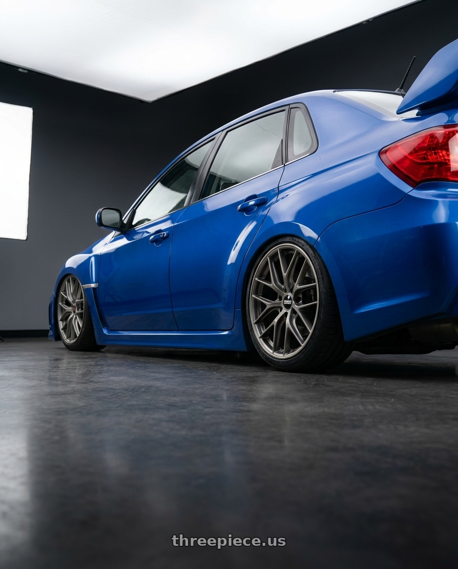 2012 Impreza Wrx Sti with BBS CC-R 5x114.3 19x8.5+30 Satin Platinum wheels rear three quarter view slight stretch tires