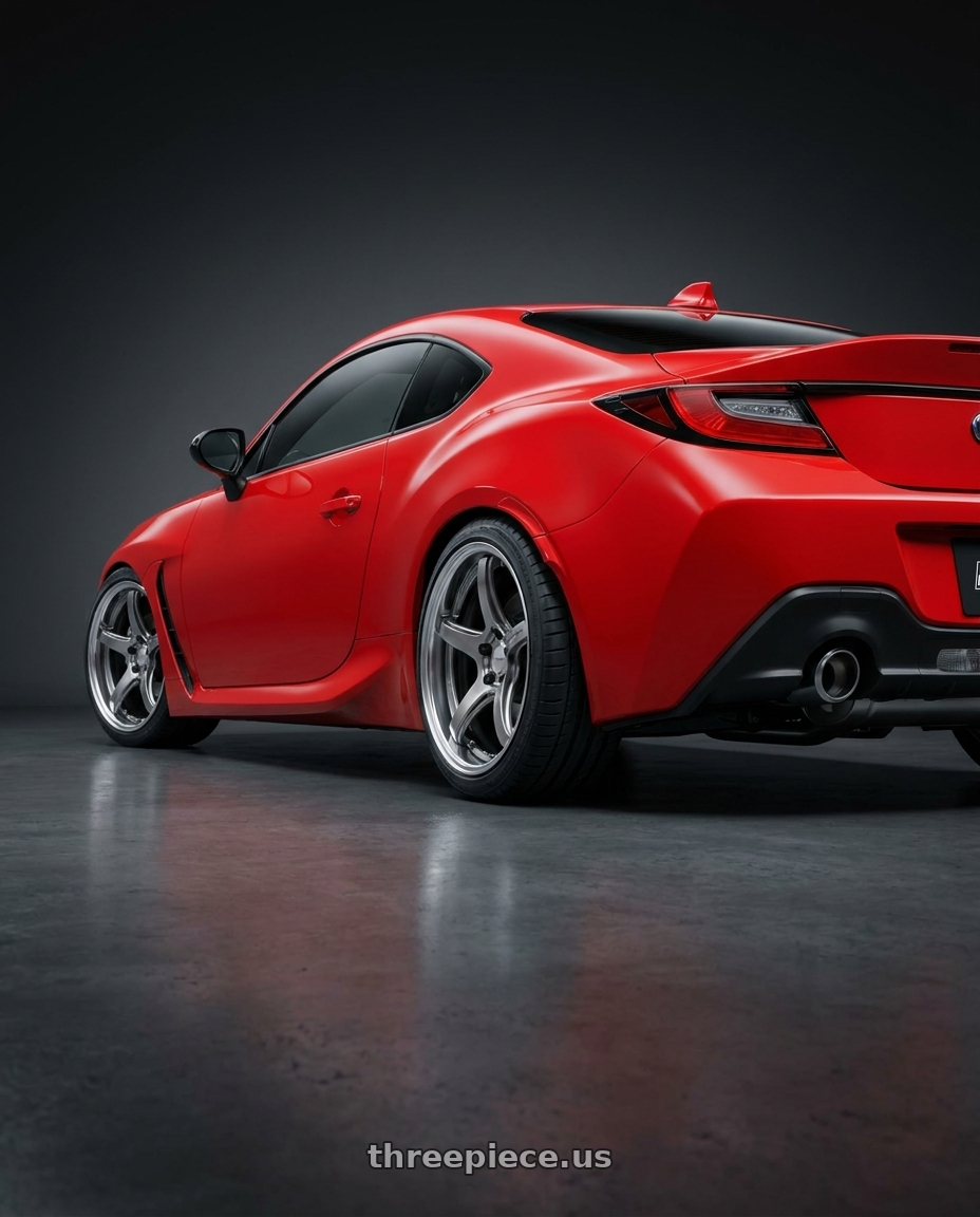 2023 Toyota GR86 with Work T5R 2P 5x100 18x8.5 +38 GT SILVER wheels rear three quarter view square tires