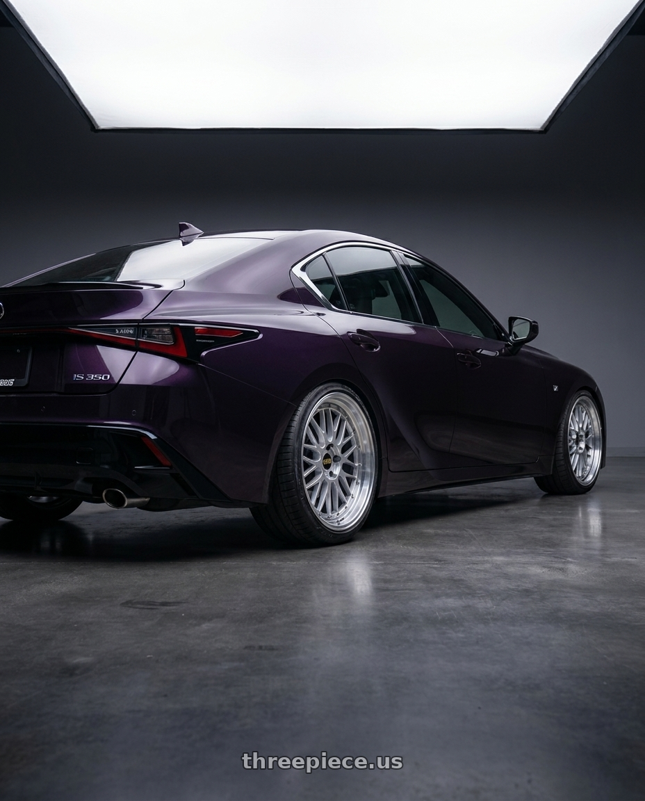 2021 Lexus is 350 f sport midnight purple  with BBS LM 5x112 19x9.5+38 Diamond Silver wheels rear three quarter view slight stretch tires