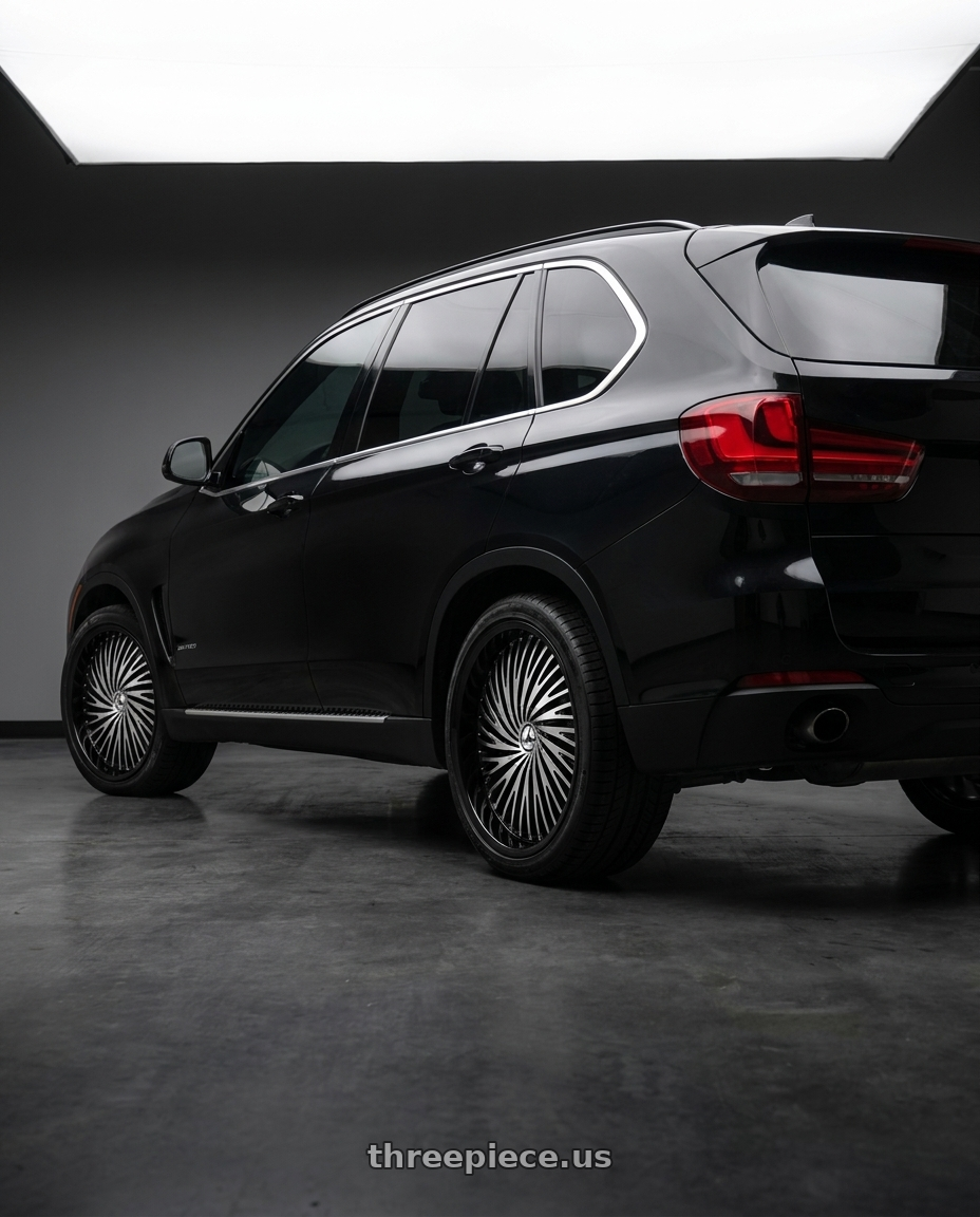 2016 bmw x5 with Azara AZA-526 5x115 / 5x120 26x9.5 +15 Gloss Black & Machined wheels rear three quarter view square tires