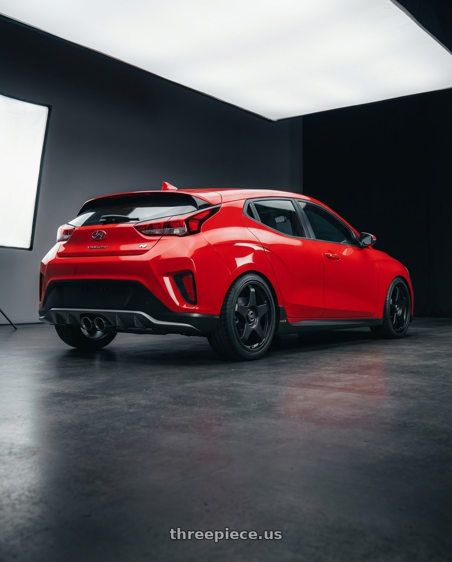 2022 Hyundai Veloster N with fifteen52 CHICANE 5x114.3 / 5x120 19x8.5 +35 ASPHALT BLACK (SATIN BLACK) wheels rear three quarter view square tires