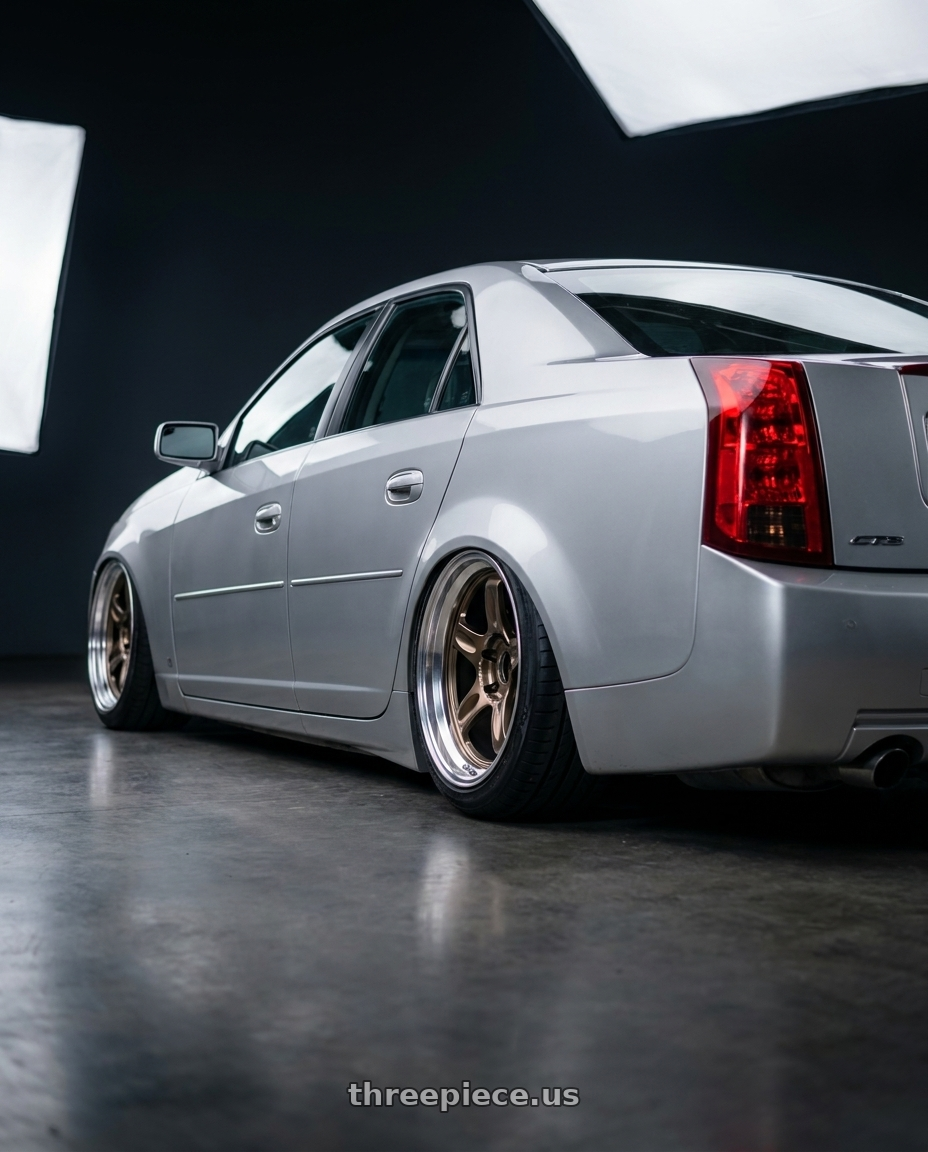 2003 Cadillac CTS with Volk Racing 21C SPEC-SR 5x114.3 18x9.5 +30 SHINING BRONZE METAL / RIM DC wheels rear three quarter view slight stretch tires