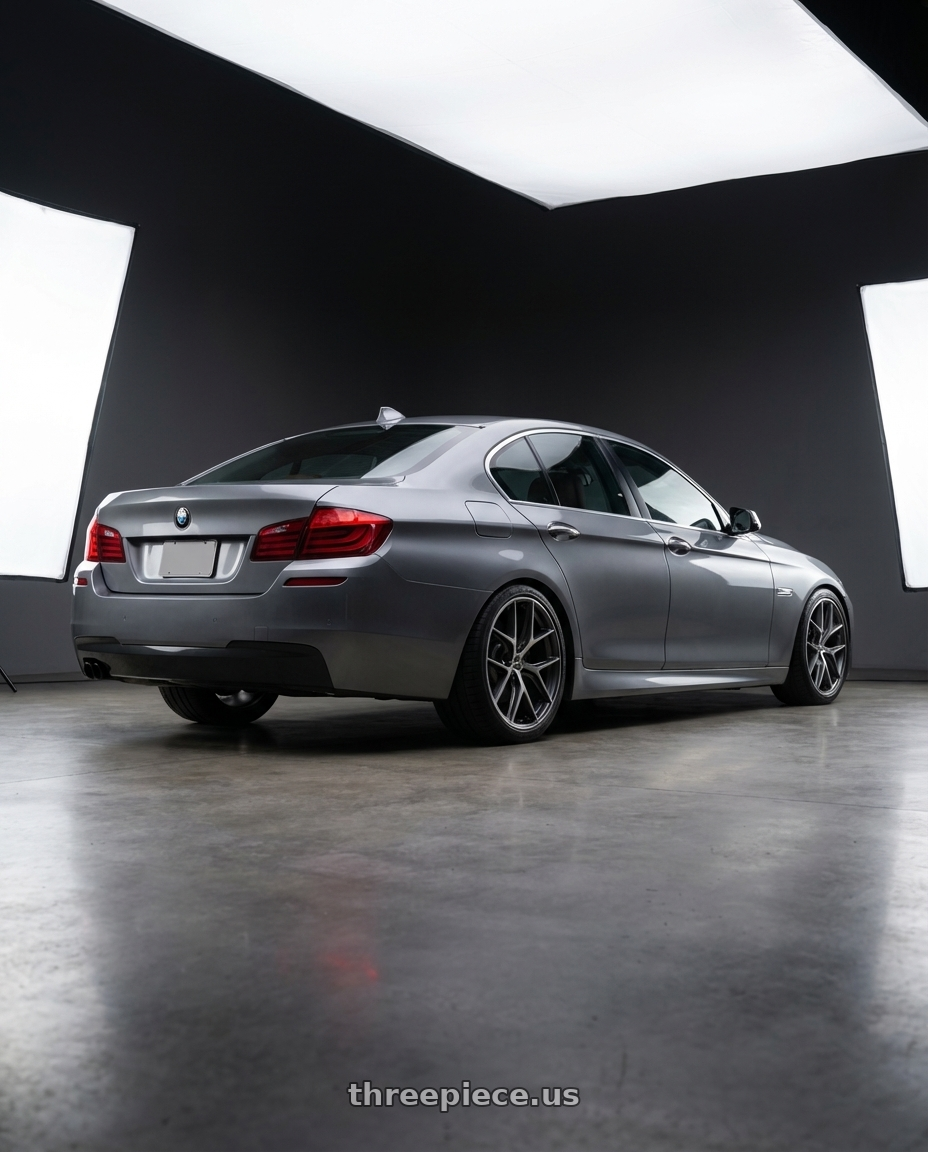 2016 BMW 5 Series F10 with BBS CC-R 5x120 19x9.0+48 Graphite w/ Diamond Cut Face wheels rear three quarter view square tires