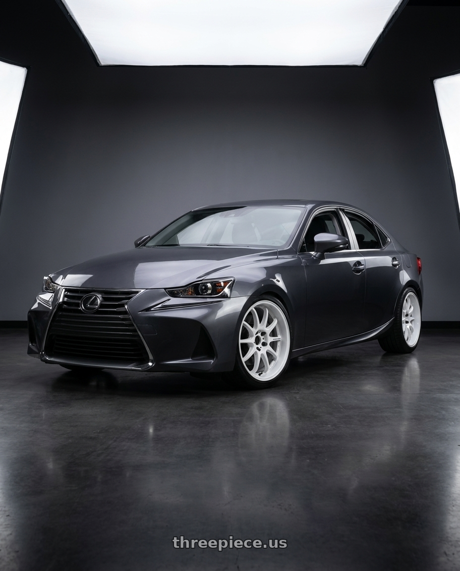 2017 Lexus IS300 with Work Emotion D9r 5x114.3 18x8.5 +38 White wheels front three quarter view lowered stance