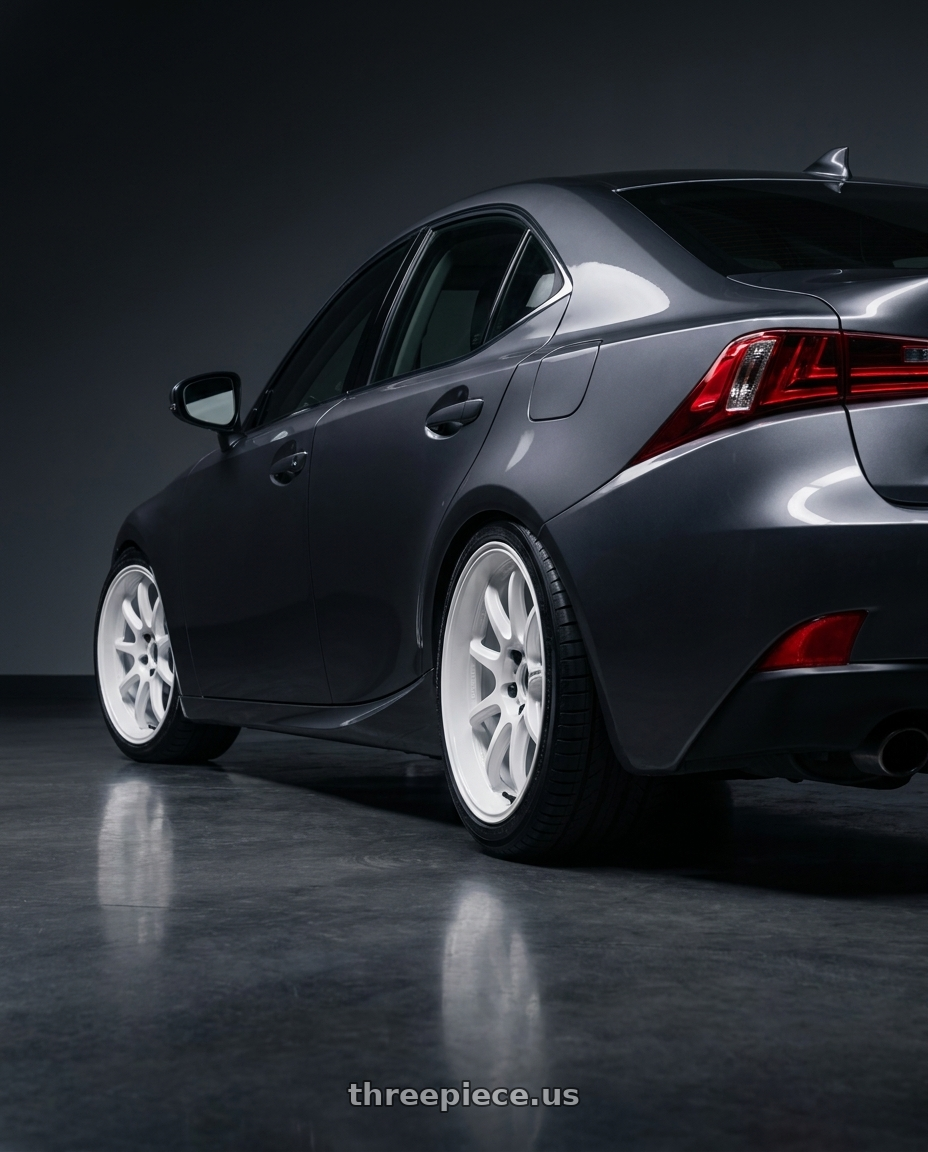 2017 Lexus IS300 with Work Emotion D9r 5x114.3 18x8.5 +38 White wheels rear three quarter view square tires