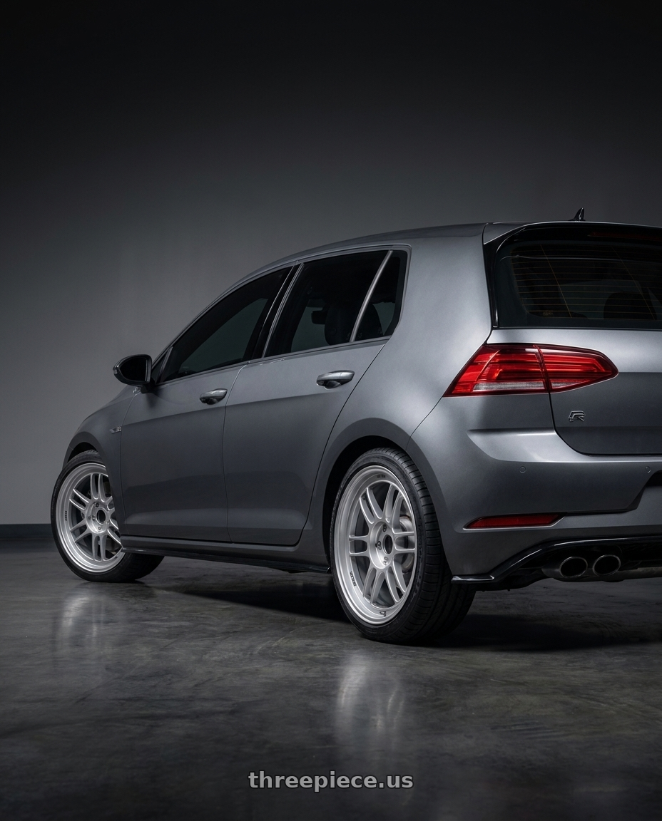 2019 VW Golf R with Enkei RPF1 5x112 18x9+35 Silver wheels rear three quarter view square tires