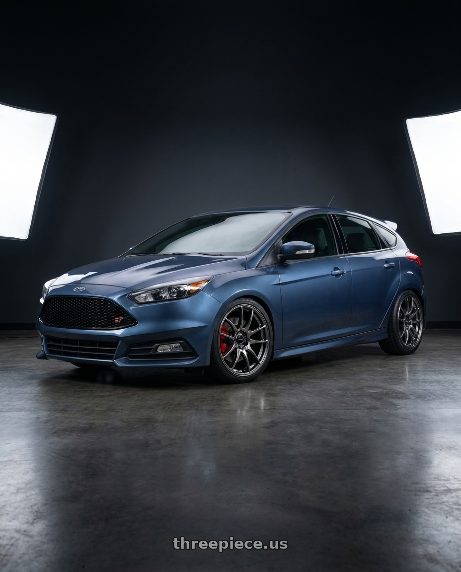 2018 Ford Focus ST with Vors TR4 5x108 18x8.5  +35 Hyper Black wheels front three quarter view lowered stance