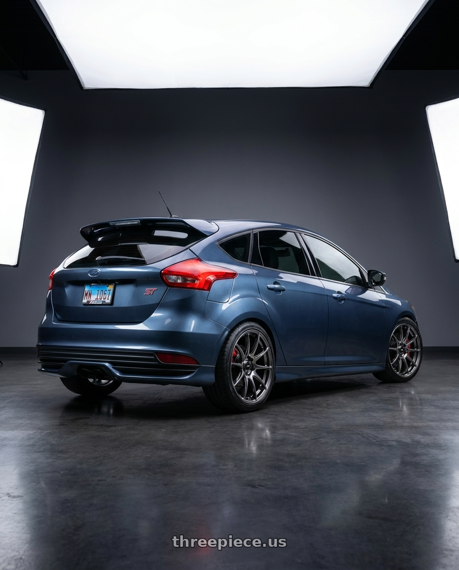 2018 Ford Focus ST with Vors TR4 5x108 18x8.5  +35 Hyper Black wheels rear three quarter view square tires