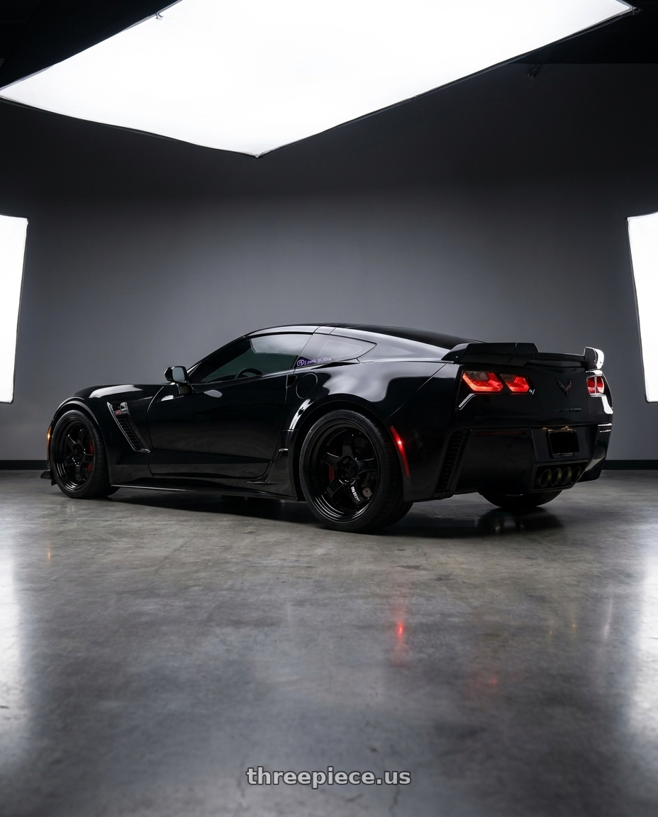 2017 Chevrolet Corvette Z06 with Work Meister M1 3p 5x120.65 19x10+31 T Disk Black wheels rear three quarter view square tires