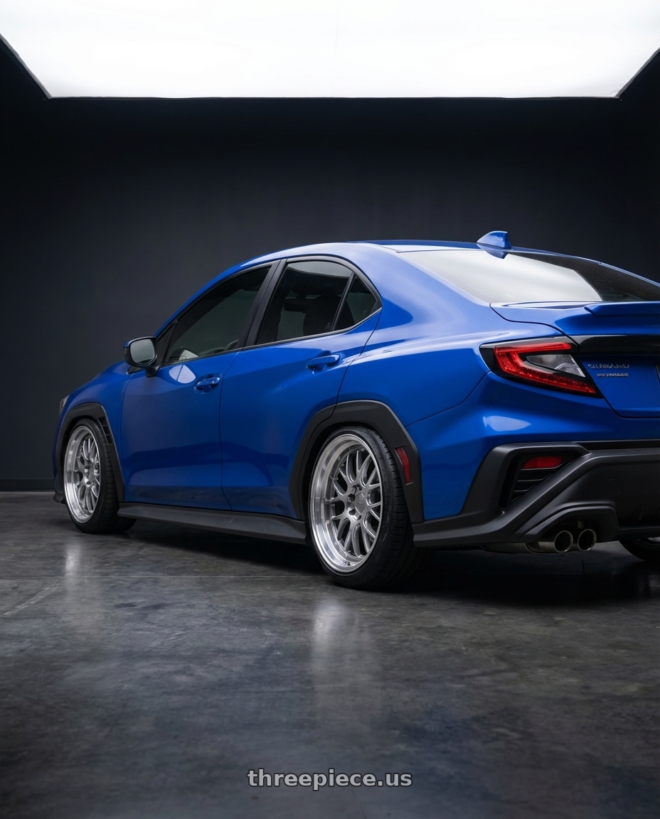 2023 Subaru WRX with F1R F21 5x114.3/5x120 18x9.5 +40 Hyper Black/Polish Lip v2 wheels rear three quarter view square tires