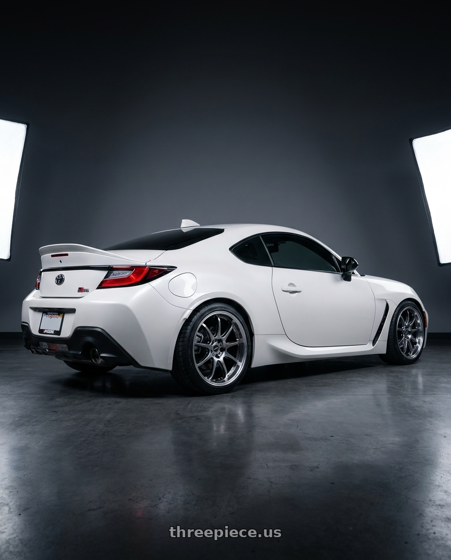 2026 Toyota gr86 with Work Emotion D9r 5x100 18x8.5 +38 Gt Silver Rim Cut wheels rear three quarter view square tires