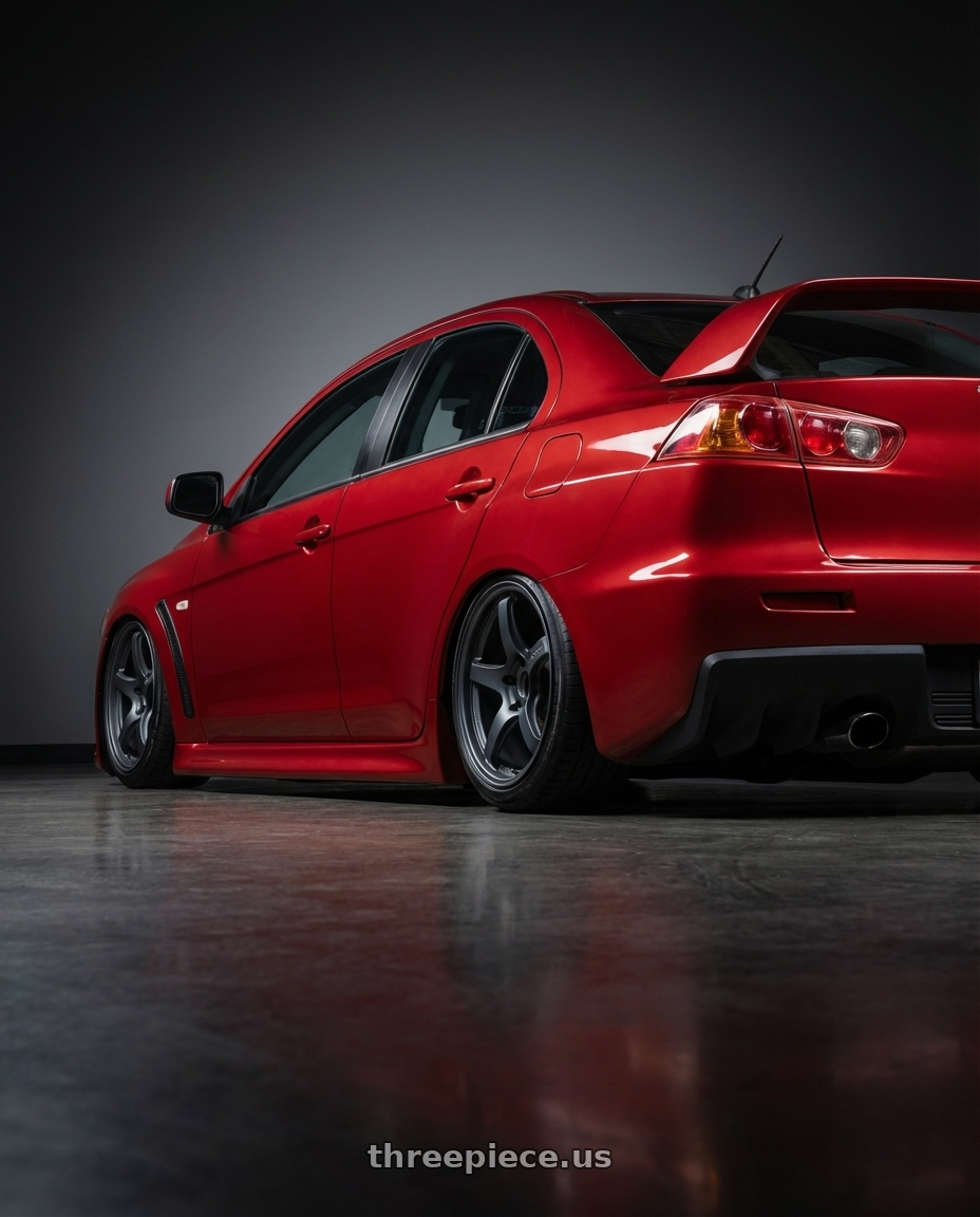 2012 Mitsubishi Lancer Evo X with Gram Lights 57CR 5x114.3 18x9.5+12 Gunblue II wheels rear three quarter view slight stretch tires